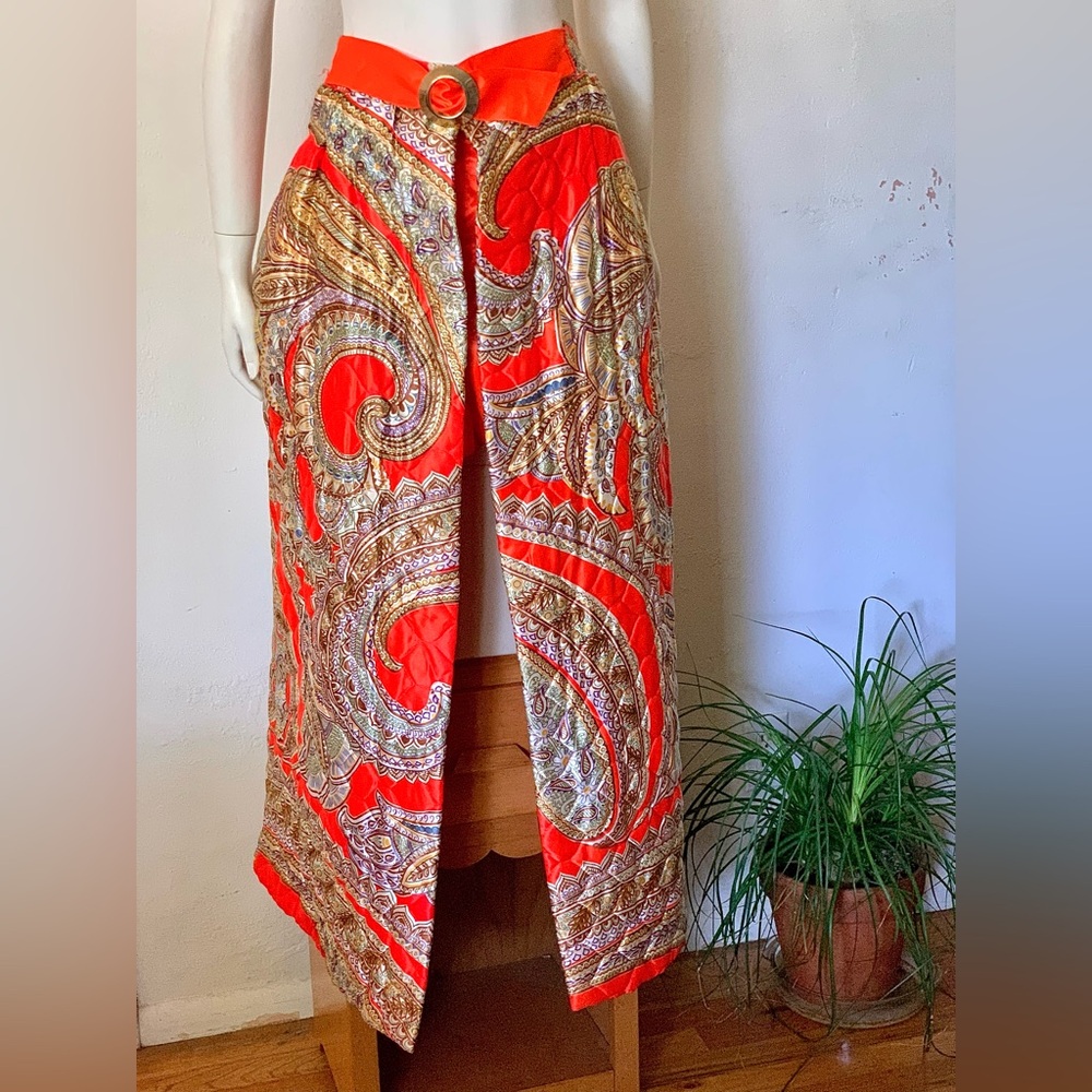 NWT! VTG 70s Maxi Skirt Attached Shorts Hot Pants Quilted Orange Psychedelic